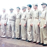 Panamá - Oficiais condecorados na cerimônia de encerramento das atividades do 1º GAvCa. Cap. Chairsell, Cel. Disosway, Cel. Willis Taylor, Ten. Miranda Correa, Gen. George Brett, Ten.Torres, Cap. Buyers e Ten. Velloso.
Foto: John W. Buyers