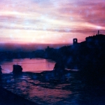 Pisa - Entardecer sobre o Rio Arno visto do 3º andar do Albergo Nettuno com os restos da bombardeada Ponte Solferino antes da construção da ponte provisória.
Foto: John W. Buyers
